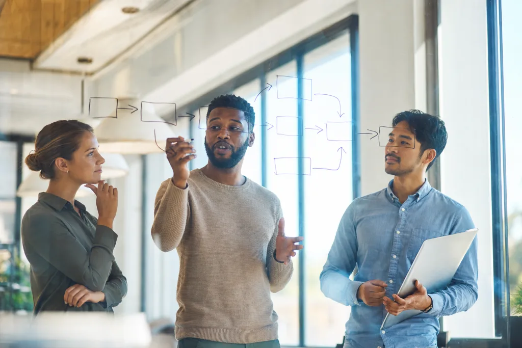 Three colleagues at a glass wall, hand-drawing a process flow of boxes and arrows while one of them explains a step.