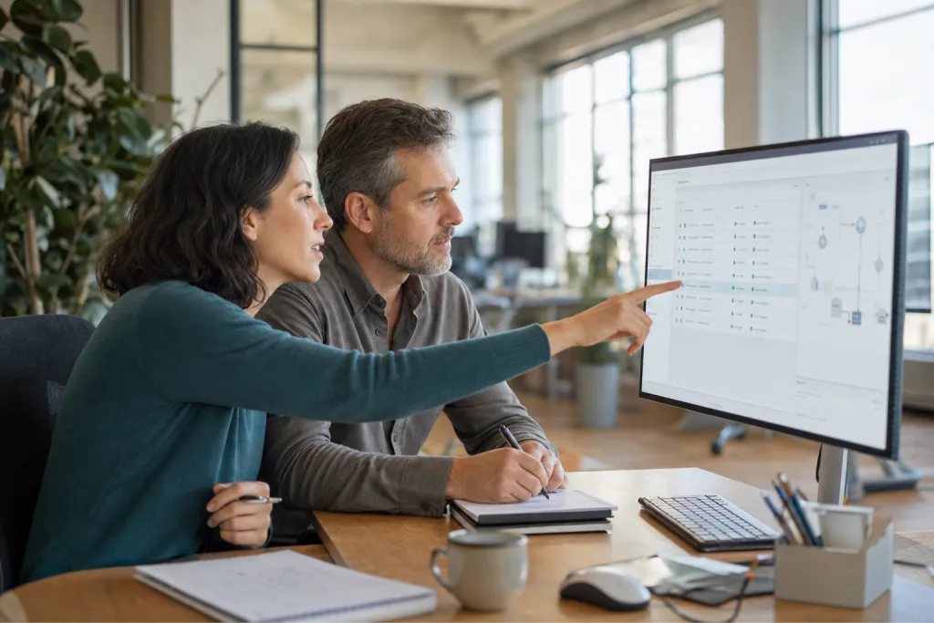 Two colleagues at a desk, one pointing at a monitor showing a queue of task rows with status indicators beside a small node diagram.